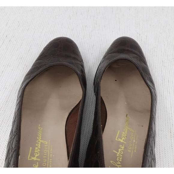 Salvatore Ferragamo Pumps 7.5 Low Heel Narrow Croc Embossed Work Comfort Shoes - Picture 12 of 16